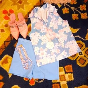 Vintage 60s 70s Blue Shorts Floral Top Outfit Bundle